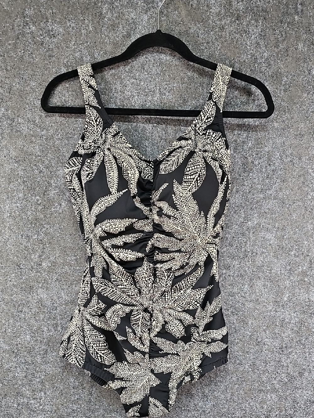 Pembrooke Tropical Palm Print Swimsuit, One Piece, Black White, Size 14
